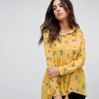Елегантна дълга дамска риза с флорални мотиви цветя жълта разкроена с дълъг ръкав размер S - S/M , снимка 1 - Ризи - 40689802