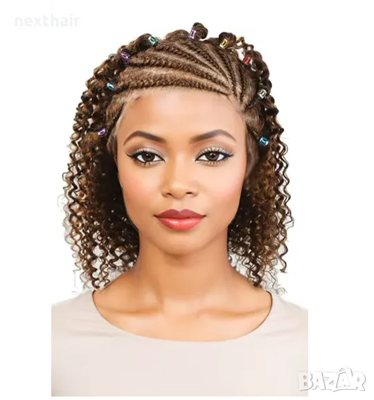 Естествена афро къдрава къса кафява перука с руси кичури и плитки лейс фронт дантела 13x4, снимка 1