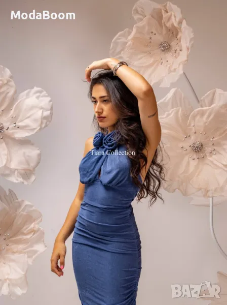 Официална синя рокля с ефектни рози , снимка 1