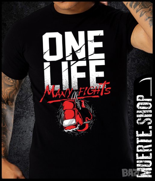 Черна тениска с щампа ONE LIFE MANY FIGHTS, снимка 1