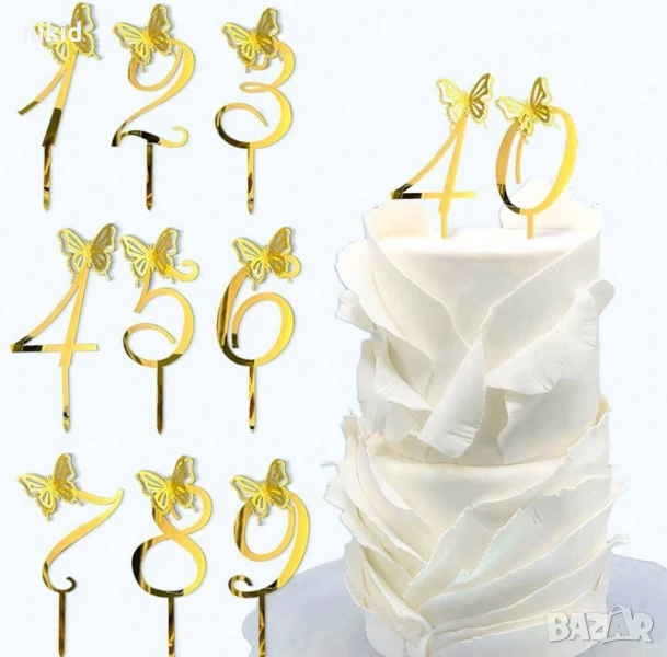 едра Златна цифра число с пеперуда твърд Акрил пластмаса топер торта мъфин украса рожден ден юбилей, снимка 1