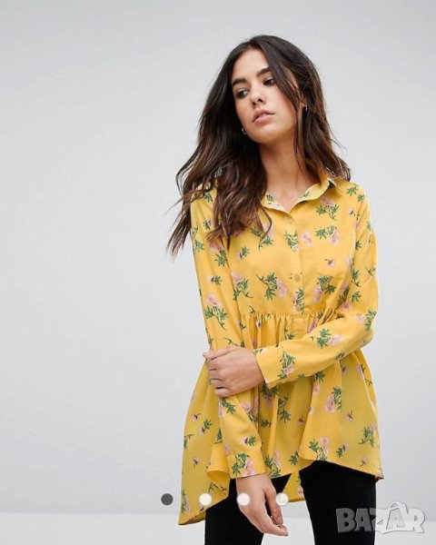 Разпродажба!Елегантна дълга дамска риза с флорални мотиви цветя жълта разкроена с дълъг ръкав S-S/M , снимка 1