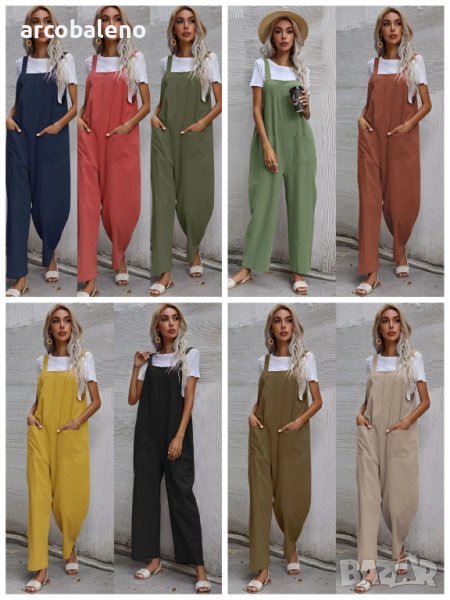 Дамски моден едноцветен гащеризон без ръкави и с тиранти, 9цвята, снимка 1