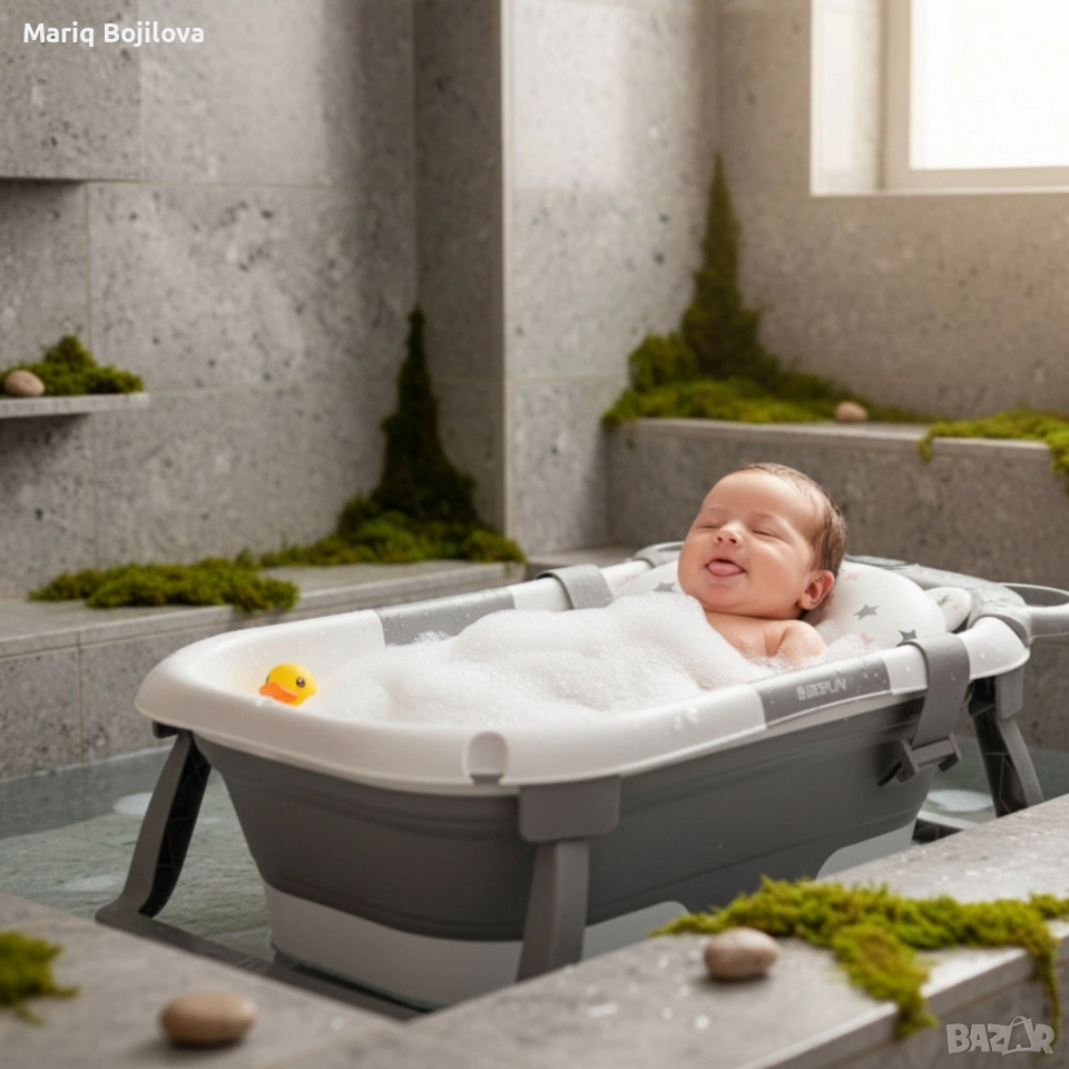 Сгъваема бебешка вана с термометър и възглавница, снимка 1
