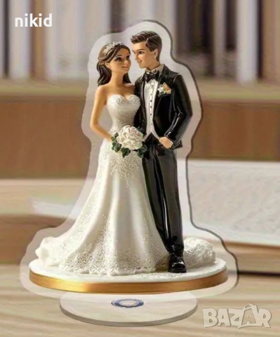 въртяща 360 ° Младоженци булка с букет двойка сватба 2D Акрилна Фигурка топер за торта връх