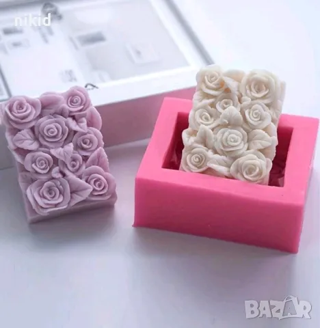 рози и листа правоъгълен силиконов молд форма фондан шоколад гипс сапун свещ декор, снимка 2 - Форми - 48520781