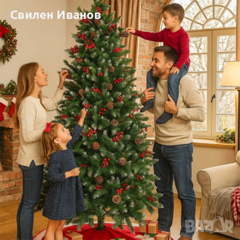 Изкуствена елха Luxury Diamond с червен глог и шишарки, снимка 8 - Декорация за дома - 52342012