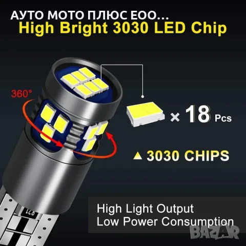 Комплект LED крушки T10 (W5W) 18 SMD диода с CANBUS - 12V-24V/6000K, снимка 4 - Аксесоари и консумативи - 54005708