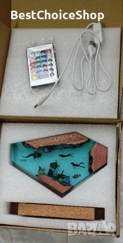 3D смола океански живот, нощна лампа с дървена основа – Многоцветна, снимка 2 - Декорация за дома - 53200533