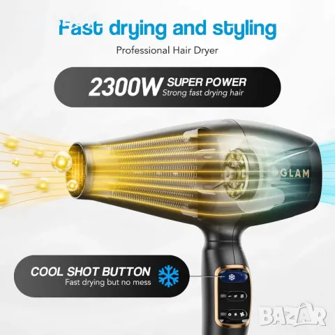 GLAM Сешоар, професионален йонен, мощен променливотоков с дифузер, дюза, концентратор, гребен, черен, снимка 4 - Сешоари - 50159111