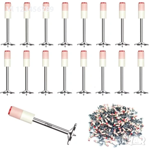 Комплект от 200 самоходни пирони тип „гъба“ за пирон-заряд –  7,3 мм, поцинкована стомана, бяло/среб