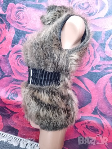 Кафяво пухкаво елече с еко косъм и цип С , снимка 6 - Елеци - 39324240