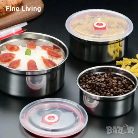 Комплект от три броя кутии за съхранение от неръждаема стомана с пластмасови капаци, снимка 6 - Кутии за храна - 52153427