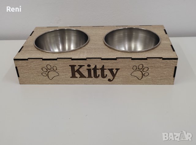 2 метални купички за храна и вода с дървена поставка - ПОДАРЪК гравиране на име