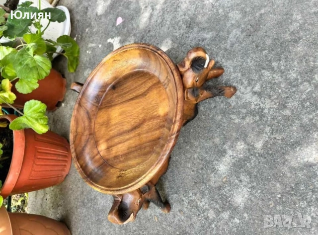 Купа от тиково дърво върху три слона, снимка 2 - Декорация за дома - 51571128