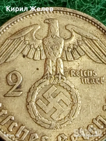 Сребърна монета 2 райхсмарки 1938г. Германия Трети Райх с Свастика за КОЛЕКЦИОНЕРИ 50058, снимка 3 - Нумизматика и бонистика - 53615708
