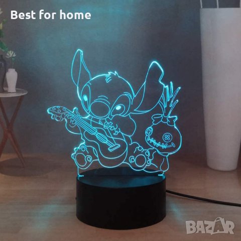 Стич 3D нощна лампа, аниме Stitch, USB,с дистанционно управление,16 цвята, 2 бр. 3Д представки, снимка 7 - Настолни лампи - 40248413