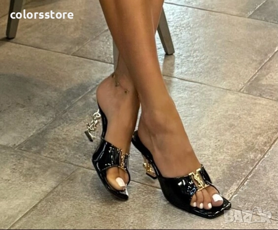 Чехли на ток - черен лак със златист ток - SYL35 , снимка 1 - Чехли - 35409354