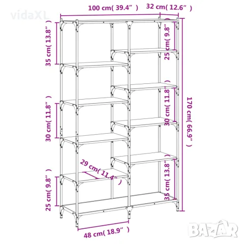 vidaXL Етажерка опушен дъб 100x32x170 см инженерно дърво и желязо, снимка 9 - Етажерки - 56148119