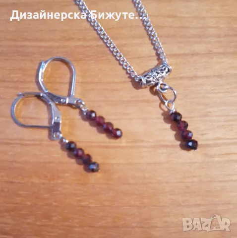 Красив и нежен комплект бижута обеци и колие с камъни Гранат и елементи в цвят сребро , снимка 5 - Бижутерийни комплекти - 49314686