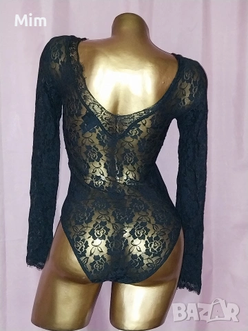 S Черно дантелено боди с дълъг ръкав , снимка 4 - Корсети, бюстиета, топове - 53363895