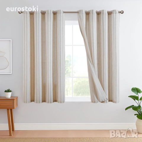 Topick Ленени завеси, 130 x 145 см, раирани завеси сиви с  капси, модерни завеси с ленен вид, хол