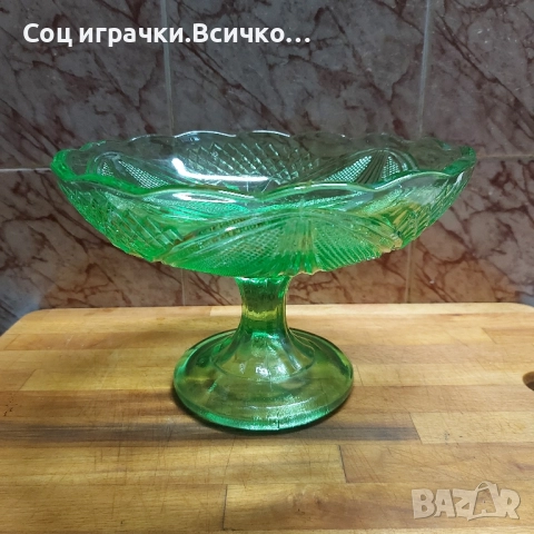 Стара Стъклена Зелена Фруктиера , снимка 4 - Колекции - 52503213