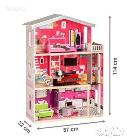 Дървена къща за кукли с обзавеждане, асансьор и аксесоари, снимка 12 - Играчки за стая - 52004782