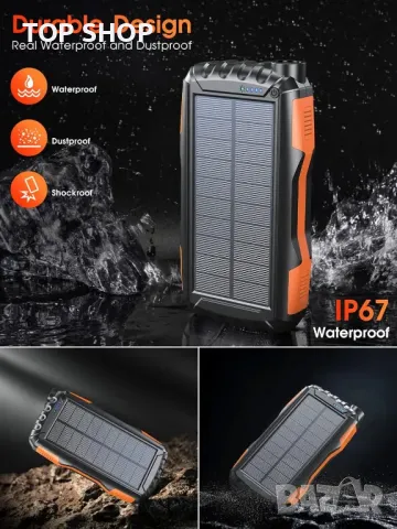 Соларна външна батерия 46800mAh, 3 порта, PD18W QC 3.0 с фенерче, водоустойчива, снимка 4 - Външни батерии - 49866451