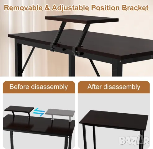 Бюро с подвижна стойка за монитор, черна офис маса, бюро за компютър, снимка 5 - Бюра - 49563680