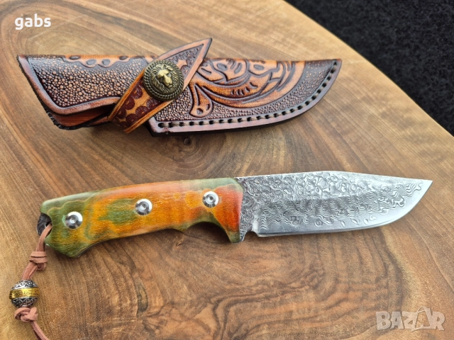 Уникален ловен нож дамаска стомана,фултанг с кожена кания LN422, снимка 3 - Ножове - 52212970