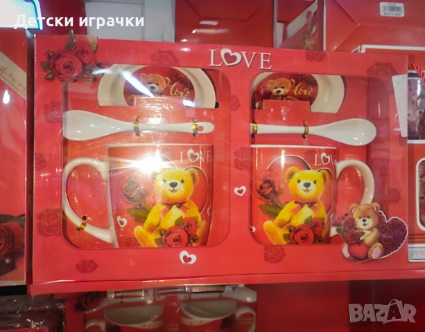 Комплект чаши с любовно сърце, червена роза, мече, кутия куфар, снимка 6 - Други - 53170108