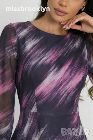 Рокля “Purple Wave Elegance” – разкроена рокля с ефектен принт и шифон ръкави арт.1517, снимка 2 - Рокли - 55821591