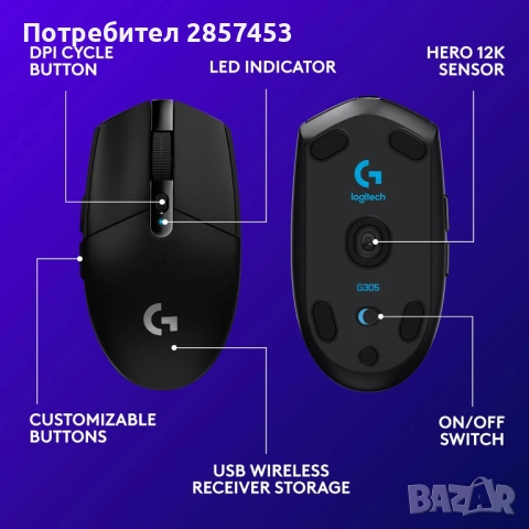 Logitech G305 LIGHTSPEED безжична геймърска мишка - HERO 12K, 6 бутона, снимка 8 - Клавиатури и мишки - 53668662