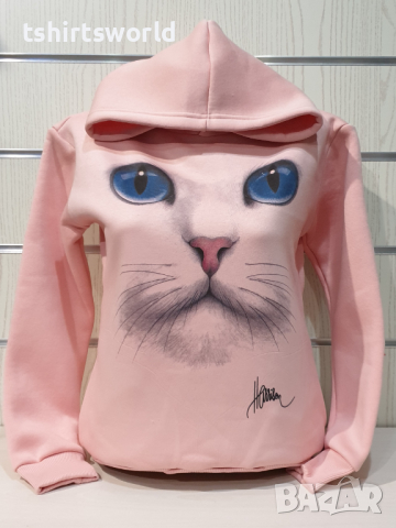 Нов дамски розов суичър с 3D принт Котка със сини очи, снимка 2 - Суичъри - 36147218