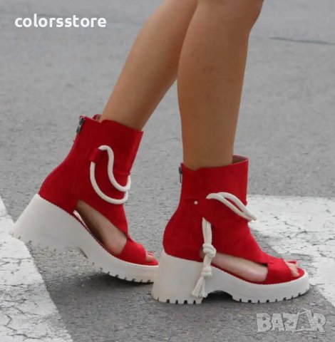 Летни боти на платформа - червен велур - LB44, снимка 2 - Сандали - 37334106