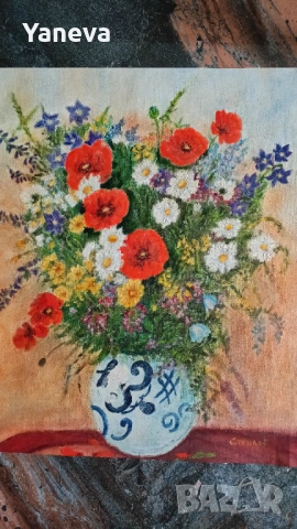 Картина "Полски цветя" , маслени бои върху платно  в рамка , подписана Стоилов. 