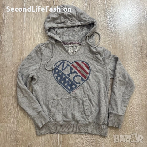 Дамски суитшърт Tommy Hilfiger с качулка и американско знаме New York размер XS, сив