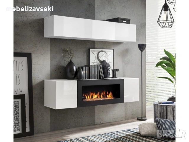 Нова! Модулна секция с камина FLY N1 (бял гланц/бяло)