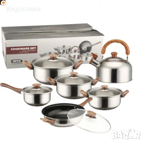 Комплект от 12 части за всяка кухня. 3бр тенджери, тиган, касерола и чайник и капаци, снимка 6 - Съдове за готвене - 53589989