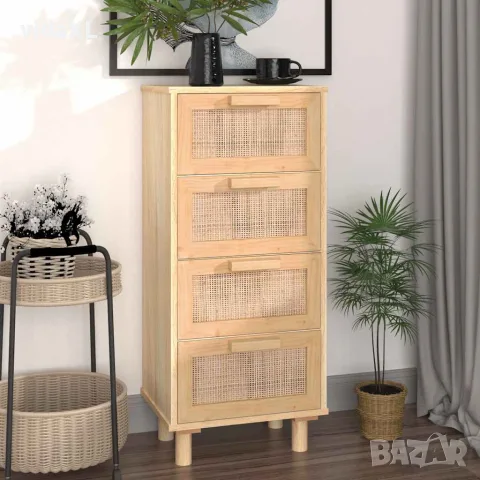 vidaXL Сайдборд, кафяв, 40x30x90 см, бор масив и естествен ратан, снимка 2 - Бюфети - 56147253
