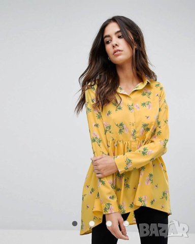 Елегантна дълга дамска риза с флорални мотиви цветя жълта разкроена с дълъг ръкав размер S - S/M 