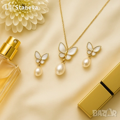 Стилен комплект бижута - Колие и обеци с пеперуди и перлен акцент. , снимка 3 - Колиета, медальони, синджири - 51467739
