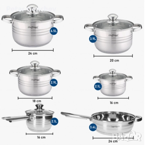 Комплект съдове за готвене, Cheffinger, 12 части, неръждаема стомана, за всички видове котлони, 3-сл, снимка 3 - Съдове за готвене - 52042809