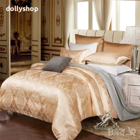 Бароков Комплект Спално Бельо от Жакард Сатен в Златно, снимка 2 - Спално бельо - 40035497