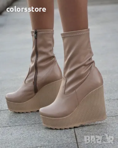 Боти на платформа - бежова кожа - BNPL70, снимка 2 - Дамски боти - 48427590