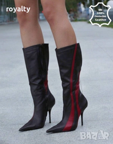 Ботуши на ток - кафяво и червено ЕСТЕСТВЕНА кожа, снимка 4 - Дамски ботуши - 52282537