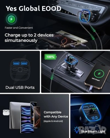 LENCENT Bluetooth FM трансмитер с 2 USB, снимка 5 - Друга електроника - 53616005