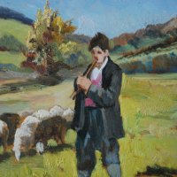 Картина, овчар със стадо, бълг. автор, 1950-те год., снимка 5 - Картини - 41789500
