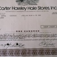 Сертификат за 100 акции | Carter Hawley Hale Stores | 1975г., снимка 4 - Други ценни предмети - 34641386